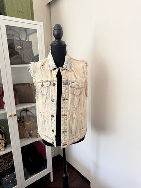 Washed Beige Distressed Denim Vest